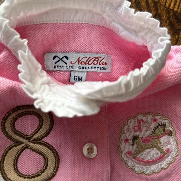 Nelblu white/pink/tan color block pique short sleeve ruffle collar dress. 6 mo. - Picture 4 of 4